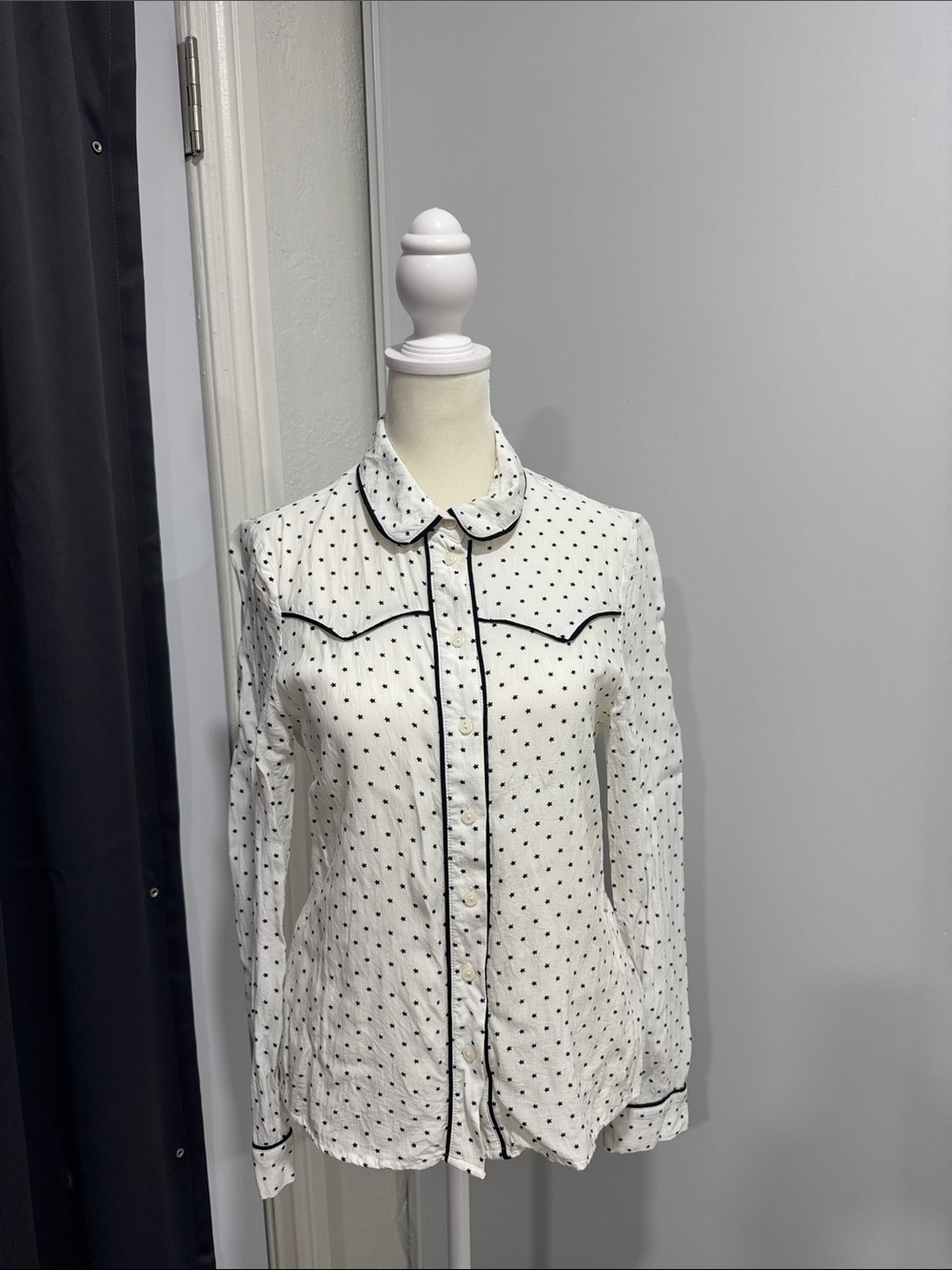 Express Western Style White Polka Dot Star Button-Up Blouse with Black Trim